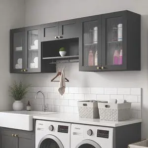 Wall Mounted Storage Cabinet Set with Glass Doors (Black) | Adjustable Shelves, Hanging Rod, 4 S-Hooks, Open Storage Space, Ribbed Glass Door Design, Laundry Room, Bathroom & Kitchen Wall Mounted Storage Cabinet Set with Glass Doors (Black) | Adjustable Shelves, Hanging Rod, 4 S-Hooks, Open Storage Space, Ribbed Glass Door Design, Laundry Room, Bathroom & Kitchen