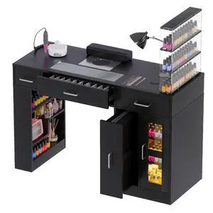 Manicure Table Nail Tech Desk w/Glass Top Drawer, Nail Tech Table w/Movable Shelves, Dust Collector, Wireless Charging, Cabinet, LED Lights, Acetone-Resistant Salon Workstation (Black) Manicure Table Nail Tech Desk w/Glass Top Drawer, Nail Tech Table w/Movable Shelves, Dust Collector, Wireless Charging, Cabinet, LED Lights, Acetone-Resistant Salon Workstation (Black)
