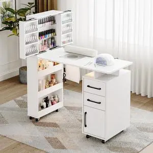 Manicure Table with Extendable Polish Cabinet, Nail Desk with LED Light, Dust Collector, Wrist Rest, Lockable Wheels, Beauty Salon Station Home Nail Tech, White Manicure Table with Extendable Polish Cabinet, Nail Desk with LED Light, Dust Collector, Wrist Rest, Lockable Wheels, Beauty Salon Station Home Nail Tech, White