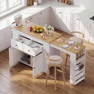 Extendable Kitchen Island with Storage & Built-in Power Outlet (White) | 47"-72" Extendable Tabletop, Adjustable Shelf, Lockable Rolling Casters, Open Storage Rack Extendable Kitchen Island with Storage & Built-in Power Outlet (White) | 47"-72" Extendable Tabletop, Adjustable Shelf, Lockable Rolling Casters, Open Storage Rack