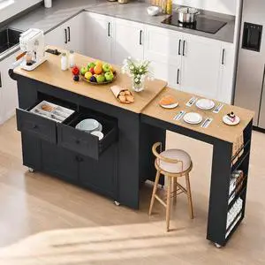 Extendable Kitchen Island with Storage & Built-in Power Outlet (Black) | 47"-72" Extendable Tabletop, Adjustable Shelf, Lockable Rolling Casters, Open Storage Rack Extendable Kitchen Island with Storage & Built-in Power Outlet (Black) | 47"-72" Extendable Tabletop, Adjustable Shelf, Lockable Rolling Casters, Open Storage Rack