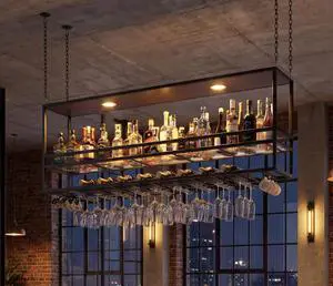 55" Industrial Ceiling Wine Glass Rack with LED, 3-Tier Ceiling Shelf with Wine Glass Holder and Acrylic Shelf, Hanging Wine Rack with Cup Holder for Bar, Home, Cafe 55" Industrial Ceiling Wine Glass Rack with LED, 3-Tier Ceiling Shelf with Wine Glass Holder and Acrylic Shelf, Hanging Wine Rack with Cup Holder for Bar, Home, Cafe
