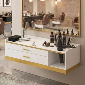 39.4" Wall Mount Salon Stations for Hair Stylist, Professional Floating Barber Desk with Gold Accent, 2 Drawers & 3 Tool Holders, Styling Station with Storage for Barbershop, Beauty & Spa, White 39.4" Wall Mount Salon Stations for Hair Stylist, Professional Floating Barber Desk with Gold Accent, 2 Drawers & 3 Tool Holders, Styling Station with Storage for Barbershop, Beauty & Spa, White