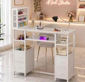 Manicure Table Nail Desk, Double Tabletop Manicure Desk for Nail Tech, Professional Nail Station w/ 3-Tier Storage Rack, 4 Drawers & Open Shelves, for Beauty, Salon, Spa & Home, White Manicure Table Nail Desk, Double Tabletop Manicure Desk for Nail Tech, Professional Nail Station w/ 3-Tier Storage Rack, 4 Drawers & Open Shelves, for Beauty, Salon, Spa & Home, White