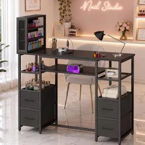 Manicure Table Nail Desk, Double Tabletop Manicure Desk for Nail Tech, Professional Nail Station w/ 3-Tier Storage Rack, 4 Drawers & Open Shelves, for Beauty, Salon, Spa & Home, Black Manicure Table Nail Desk, Double Tabletop Manicure Desk for Nail Tech, Professional Nail Station w/ 3-Tier Storage Rack, 4 Drawers & Open Shelves, for Beauty, Salon, Spa & Home, Black