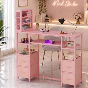 Manicure Table Nail Desk, Double Tabletop Manicure Desk for Nail Tech, Professional Nail Station w/ 3-Tier Storage Rack, 4 Drawers & Open Shelves, for Beauty, Salon, Spa & Home, Pink Manicure Table Nail Desk, Double Tabletop Manicure Desk for Nail Tech, Professional Nail Station w/ 3-Tier Storage Rack, 4 Drawers & Open Shelves, for Beauty, Salon, Spa & Home, Pink