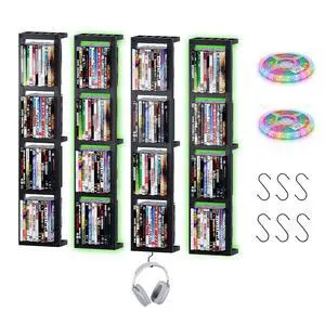 Wall-Mounted CD Storage Shelf with DIY LED Strip, Floating Media Storage Rack with Hooks, Cube Organizer for Video Games Set of 4 Wall-Mounted CD Storage Shelf with DIY LED Strip, Floating Media Storage Rack with Hooks, Cube Organizer for Video Games Set of 4