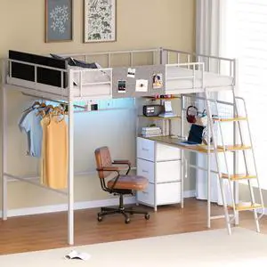 Full Size Loft Bed with Desk, Charging Station, LED Lights and Storage, Heavy Duty Metal Gaming Loft Bed Frame with Safety Guardrail & Ladder for Adults, Space-Saving, White Full Size Loft Bed with Desk, Charging Station, LED Lights and Storage, Heavy Duty Metal Gaming Loft Bed Frame with Safety Guardrail & Ladder for Adults, Space-Saving, White