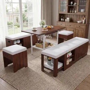 Extendable Breakfast Nook Set with Storage Bench, Corner Dining Table Set | Extendable Table Design, Hidden Storage Benches, 6-Piece Dining Set, Built-In Glass Holders, Indoor & Outdoor Use Extendable Breakfast Nook Set with Storage Bench, Corner Dining Table Set | Extendable Table Design, Hidden Storage Benches, 6-Piece Dining Set, Built-In Glass Holders, Indoor & Outdoor Use
