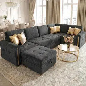 Oversized Modular Sectional Sofa, Chenille Sofa with Storage, Deep Seat | Storage Under Each Seat, Extra Deep Seating, Chenille Fabric, Flexible Layout, Gold Metal Accents, Washable Covers Oversized Modular Sectional Sofa, Chenille Sofa with Storage, Deep Seat | Storage Under Each Seat, Extra Deep Seating, Chenille Fabric, Flexible Layout, Gold Metal Accents, Washable Covers