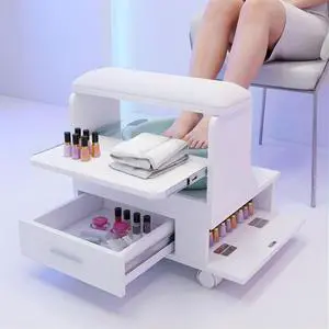 Rolling Pedicure Foot Rest Stool with Storage, Pull-Out Tray, Drawer & Side Shelf, PU Cushion Spa Station with Wheels for Nail Salon and Home (White) Rolling Pedicure Foot Rest Stool with Storage, Pull-Out Tray, Drawer & Side Shelf, PU Cushion Spa Station with Wheels for Nail Salon and Home (White)