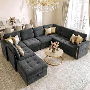 Oversized Modular Sectional Sofa, Chenille Sofa with Storage, Deep Seat | Storage Under Each Seat, Extra Deep Seating, Chenille Fabric, Flexible Layout, Gold Metal Accents, Washable Covers Oversized Modular Sectional Sofa, Chenille Sofa with Storage, Deep Seat | Storage Under Each Seat, Extra Deep Seating, Chenille Fabric, Flexible Layout, Gold Metal Accents, Washable Covers