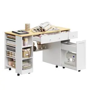 Rolling Craft Table with Sewing Machine Storage Drawer, Sewing Table with Open Shelves, Project Center Desk with Drawers for Sewing DIY Drafting Writing Table (White+Wood) Rolling Craft Table with Sewing Machine Storage Drawer, Sewing Table with Open Shelves, Project Center Desk with Drawers for Sewing DIY Drafting Writing Table (White+Wood)