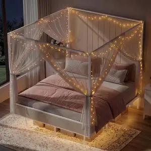 Queen Canopy Platform Bed with Charging Station & LED Lights | 4-Poster Canopy Design, Heavy-Duty Steel Frame, 11-Inch Under-Bed Storage, No Box Spring Needed, Easy Assembly & Noise-Free Queen Canopy Platform Bed with Charging Station & LED Lights | 4-Poster Canopy Design, Heavy-Duty Steel Frame, 11-Inch Under-Bed Storage, No Box Spring Needed, Easy Assembly & Noise-Free