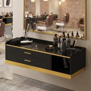 39.4" Wall Mount Salon Stations for Hair Stylist, Professional Floating Barber Desk with Gold Accent, 2 Drawers & 3 Tool Holders, Styling Station with Storage for Barbershop, Beauty & Spa, Black 39.4" Wall Mount Salon Stations for Hair Stylist, Professional Floating Barber Desk with Gold Accent, 2 Drawers & 3 Tool Holders, Styling Station with Storage for Barbershop, Beauty & Spa, Black