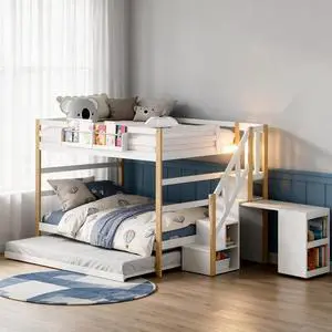 Twin Over Twin Bunk Bed with Trundle and Storage Stairs, Solid Wood Bunk Bed with Foldable Desk, No Box Spring Needed, for Kids, Teens & Adults (White+Wood) Twin Over Twin Bunk Bed with Trundle and Storage Stairs, Solid Wood Bunk Bed with Foldable Desk, No Box Spring Needed, for Kids, Teens & Adults (White+Wood)
