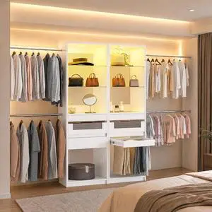 6-12 Ft Closet System with LED Lighting White | 137Double Cabinet Built in Closet Organizer Systems with Pull-Out Pants Rack,Tempered Glass for Walk in Closet Storage 6-12 Ft Closet System with LED Lighting White | 137Double Cabinet Built in Closet Organizer Systems with Pull-Out Pants Rack,Tempered Glass for Walk in Closet Storage