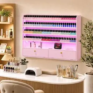 Wood Nail Polish Rack with Cabinet, 5-Tier Nail Polish Display Shelf, Pink | Wall Mount, LED Light, Anti-Drop Acrylic Baffles, Hold 600+ Bottles, Nail Salon Storage & Display Cabinet Wood Nail Polish Rack with Cabinet, 5-Tier Nail Polish Display Shelf, Pink | Wall Mount, LED Light, Anti-Drop Acrylic Baffles, Hold 600+ Bottles, Nail Salon Storage & Display Cabinet
