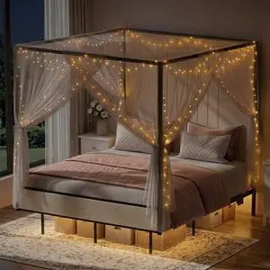 Queen Canopy Platform Bed with Charging Station & LED Lights | 4-Poster Canopy Design, Heavy-Duty Steel Frame, 11-Inch Under-Bed Storage, No Box Spring Needed, Easy Assembly & Noise-Free Queen Canopy Platform Bed with Charging Station & LED Lights | 4-Poster Canopy Design, Heavy-Duty Steel Frame, 11-Inch Under-Bed Storage, No Box Spring Needed, Easy Assembly & Noise-Free