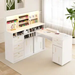 Manicure Table with Dust Collector, L-Shaped Nail Desk with Mobile Desktop, LED Light, Glass Display Rack, Storage Cabinets and Drawers for Home Spa Beauty Salon Nail Station, White Manicure Table with Dust Collector, L-Shaped Nail Desk with Mobile Desktop, LED Light, Glass Display Rack, Storage Cabinets and Drawers for Home Spa Beauty Salon Nail Station, White