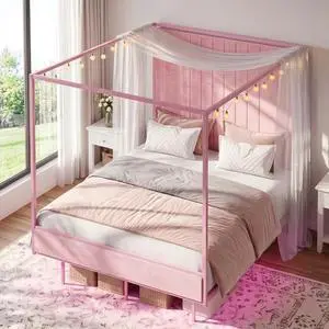Full Canopy Platform Bed with Charging Station & LED Lights | 4-Poster Canopy Design, Heavy-Duty Steel Frame, 11-Inch Under-Bed Storage, No Box Spring Needed, Easy Assembly & Noise-Free Full Canopy Platform Bed with Charging Station & LED Lights | 4-Poster Canopy Design, Heavy-Duty Steel Frame, 11-Inch Under-Bed Storage, No Box Spring Needed, Easy Assembly & Noise-Free
