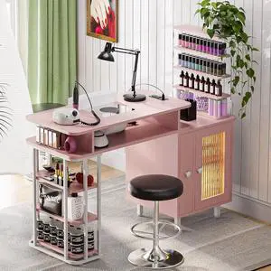 Manicure Table with LED Light, Nail Desk Nail Tech Table w/Dust Collector & Charging Station, Nail Station w/Removable Acrylic Storage Shelf, Drawers & Glass Door Cabinet, Pink Manicure Table with LED Light, Nail Desk Nail Tech Table w/Dust Collector & Charging Station, Nail Station w/Removable Acrylic Storage Shelf, Drawers & Glass Door Cabinet, Pink