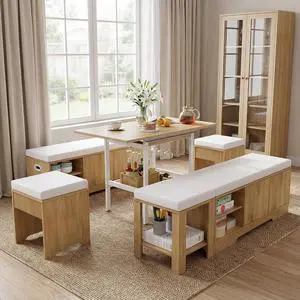 Extendable Breakfast Nook Set with Storage Bench, Corner Dining Table Set | Extendable Table Design, Hidden Storage Benches, 6-Piece Dining Set, Built-In Glass Holders, Indoor & Outdoor Use Extendable Breakfast Nook Set with Storage Bench, Corner Dining Table Set | Extendable Table Design, Hidden Storage Benches, 6-Piece Dining Set, Built-In Glass Holders, Indoor & Outdoor Use