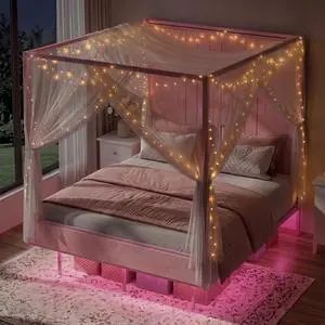 Queen Canopy Platform Bed with Charging Station & LED Lights | 4-Poster Canopy Design, Heavy-Duty Steel Frame, 11-Inch Under-Bed Storage, No Box Spring Needed, Easy Assembly & Noise-Free Queen Canopy Platform Bed with Charging Station & LED Lights | 4-Poster Canopy Design, Heavy-Duty Steel Frame, 11-Inch Under-Bed Storage, No Box Spring Needed, Easy Assembly & Noise-Free