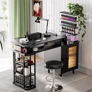 Manicure Table with LED Light, Nail Desk Nail Tech Table w/Dust Collector & Charging Station, Length Adjustable Nail Station w/Removable Acrylic Storage Shelf, Drawers & Cabinet, Black Manicure Table with LED Light, Nail Desk Nail Tech Table w/Dust Collector & Charging Station, Length Adjustable Nail Station w/Removable Acrylic Storage Shelf, Drawers & Cabinet, Black
