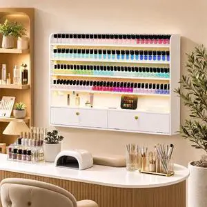 Wood Nail Polish Rack with Cabinet, 5-Tier Nail Polish Display Shelf, White | Wall Mount, LED Light, Anti-Drop Acrylic Baffles, Hold 600+ Bottles, Nail Salon Storage & Display Cabinet Wood Nail Polish Rack with Cabinet, 5-Tier Nail Polish Display Shelf, White | Wall Mount, LED Light, Anti-Drop Acrylic Baffles, Hold 600+ Bottles, Nail Salon Storage & Display Cabinet