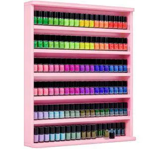 Wood Nail Polish Rack, Wall Mount Nail Polish Organizer, 6 Layers Nail Salon Storage Display Shelves Perfume Bottles Essential Oil Holder w/Acrylic Baffle, Pink Wood Nail Polish Rack, Wall Mount Nail Polish Organizer, 6 Layers Nail Salon Storage Display Shelves Perfume Bottles Essential Oil Holder w/Acrylic Baffle, Pink