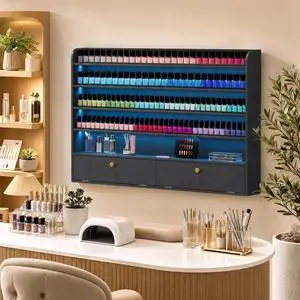 Wood Nail Polish Rack with Cabinet, 5-Tier Nail Polish Display Shelf, Black | Wall Mount, LED Light, Anti-Drop Acrylic Baffles, Hold 600+ Bottles, Nail Salon Storage & Display Cabinet Wood Nail Polish Rack with Cabinet, 5-Tier Nail Polish Display Shelf, Black | Wall Mount, LED Light, Anti-Drop Acrylic Baffles, Hold 600+ Bottles, Nail Salon Storage & Display Cabinet