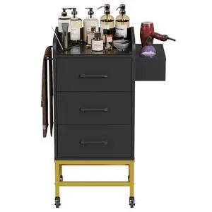 Salon Trolley Cart with Toughened Glass Top, Rolling Barber Station w/ 4 Wheels (2 Lockable), 3 Drawers, 3 Hot Tool Holders & Towel Rack, Salon Storage Equipment for Hair Stylist, Black Salon Trolley Cart with Toughened Glass Top, Rolling Barber Station w/ 4 Wheels (2 Lockable), 3 Drawers, 3 Hot Tool Holders & Towel Rack, Salon Storage Equipment for Hair Stylist, Black