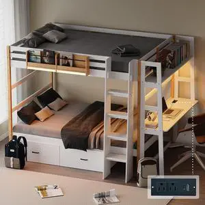 Wooden Full Over Full Bunk Bed with Desk, Convertible Solid Wood Frame with LED Lights, Built-in Outlets, Ladders and Rolling Drawers, Sturdy Wood Bunk Bed High Weight Capacity, Space-Saving Wooden Full Over Full Bunk Bed with Desk, Convertible Solid Wood Frame with LED Lights, Built-in Outlets, Ladders and Rolling Drawers, Sturdy Wood Bunk Bed High Weight Capacity, Space-Saving