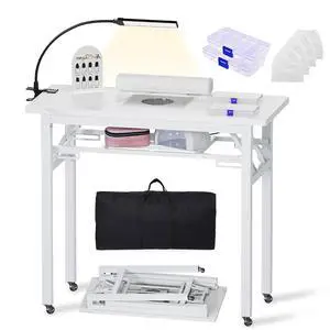 Portable & Foldable Manicure Table w/Dust Collector, Rolling Nail Tech Desk w/LED Light Lamp, Wrist Cushion, Lockable Wheels, Carrying Case, for Home Travel Beauty Salon Workstation (Marble White) Portable & Foldable Manicure Table w/Dust Collector, Rolling Nail Tech Desk w/LED Light Lamp, Wrist Cushion, Lockable Wheels, Carrying Case, for Home Travel Beauty Salon Workstation (Marble White)