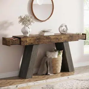 63-Inch Long Console Table w/Storage Drawers, Wood Grain Sofa Table Behind Couch, for Entryway, Entrance, Hallway, Foyer, Living Room (Rustic Brown + Charcoal) 63-Inch Long Console Table w/Storage Drawers, Wood Grain Sofa Table Behind Couch, for Entryway, Entrance, Hallway, Foyer, Living Room (Rustic Brown + Charcoal)