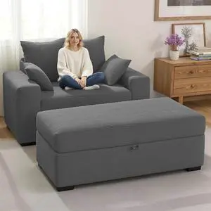 Indoor Chaise Lounge Chair with Storage Ottoman, Modern 60-Inch Lounge Sofa Chair with Wide Armrests & 4 Pillows, Oversized Comfy Reading Lounger for Living Room, BedroomMedium-Rib Corduroy Grey Indoor Chaise Lounge Chair with Storage Ottoman, Modern 60-Inch Lounge Sofa Chair with Wide Armrests & 4 Pillows, Oversized Comfy Reading Lounger for Living Room, BedroomMedium-Rib Corduroy Grey
