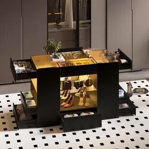 Modern Closet Island with 10 Drawers, LED Wardrobe Armoire Island with Glass Top, Luxury Walk-in Closet Island Storage Cabinet with Display Shelf for Cloakroom, Dressing Room (Black) Modern Closet Island with 10 Drawers, LED Wardrobe Armoire Island with Glass Top, Luxury Walk-in Closet Island Storage Cabinet with Display Shelf for Cloakroom, Dressing Room (Black)