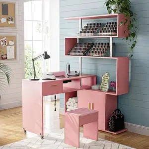 Manicure Table Nail Desk with Stool, L-Shaped Nail Tech Desk with Dust Collector, Two-Way Drawer, Cabinet & Storage Shelves, Rotating Reversible Manicure Workstation on Wheels (Pink) Manicure Table Nail Desk with Stool, L-Shaped Nail Tech Desk with Dust Collector, Two-Way Drawer, Cabinet & Storage Shelves, Rotating Reversible Manicure Workstation on Wheels (Pink)