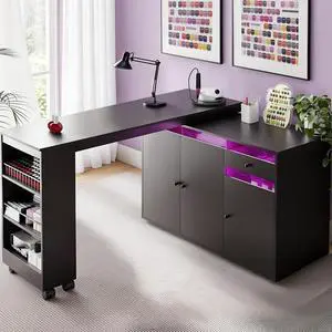 L-Shaped Manicure Table with Storage Cabinet, Drawer & Shelf, Rotating & Convertible Nail Tech Desk, Modern Nail Salon Table with LED Light, Black L-Shaped Manicure Table with Storage Cabinet, Drawer & Shelf, Rotating & Convertible Nail Tech Desk, Modern Nail Salon Table with LED Light, Black
