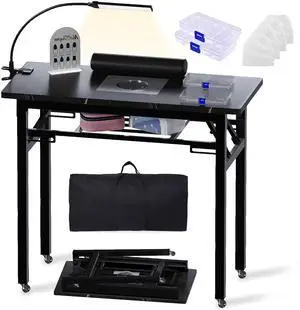 Portable & Foldable Manicure Table w/Dust Collector, Rolling Nail Tech Desk w/LED Light Lamp, Wrist Cushion, Lockable Wheels, Carrying Case, for Home Travel Beauty Salon Workstation (Marble Black) Portable & Foldable Manicure Table w/Dust Collector, Rolling Nail Tech Desk w/LED Light Lamp, Wrist Cushion, Lockable Wheels, Carrying Case, for Home Travel Beauty Salon Workstation (Marble Black)