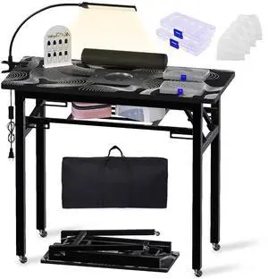 Portable Foldable Manicure Table with Dust Collector, Rolling Nail Tech Desk with LED Lamp, Wrist Rest, Lockable Wheels & Carrying Case for Home Salon, Travel & Mobile Nail Techs (Black White Wave) Portable Foldable Manicure Table with Dust Collector, Rolling Nail Tech Desk with LED Lamp, Wrist Rest, Lockable Wheels & Carrying Case for Home Salon, Travel & Mobile Nail Techs (Black White Wave)