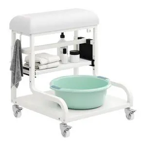 Adjustable Pedicure Foot Rest with 3-Level Height, PU Cushion, Storage & Locking Wheels, Mobile Pedicure Cart Foot Bath Trolley for Foot Bath, Salon & Spa (White) Adjustable Pedicure Foot Rest with 3-Level Height, PU Cushion, Storage & Locking Wheels, Mobile Pedicure Cart Foot Bath Trolley for Foot Bath, Salon & Spa (White)