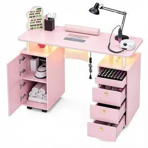 Nail Desk for Nail Tech w/Electric Dust Collector, Rolling Manicure Table w/ Lockable Wheels, Storage Drawers, Wrist Cushion, Acetone Resistant, for Beauty Salon Workstation (Pink+Gold Handle) Nail Desk for Nail Tech w/Electric Dust Collector, Rolling Manicure Table w/ Lockable Wheels, Storage Drawers, Wrist Cushion, Acetone Resistant, for Beauty Salon Workstation (Pink+Gold Handle)