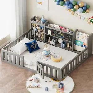 Montessori Wood Toddler Floor Bed with Door, Safety Guard Rails, Blackboard, Bedside Bookshelf & Plush Toy Storage, Low Kids Bed Frame for Boys and GirlsGray Full Montessori Wood Toddler Floor Bed with Door, Safety Guard Rails, Blackboard, Bedside Bookshelf & Plush Toy Storage, Low Kids Bed Frame for Boys and GirlsGray Full