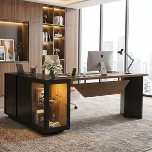 74.4" L-Shaped Executive Desk w/ Power Outlets & Glass Display Cabinet, Large Office Desk w/ 3 Drawers & File Cabinet, Corner Computer Desk Business Workstation for Home Office (Black + Dark Wood) 74.4" L-Shaped Executive Desk w/ Power Outlets & Glass Display Cabinet, Large Office Desk w/ 3 Drawers & File Cabinet, Corner Computer Desk Business Workstation for Home Office (Black + Dark Wood)