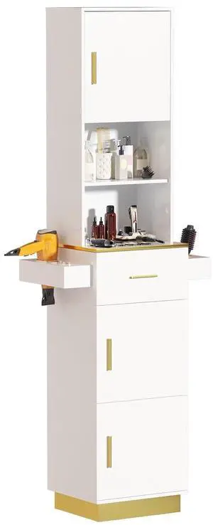 Tall Hair Salon Station for Hair Stylist with Storage (White) | 6 Tools Holders, a Drawer, 2 Open Shelves, 3 Large Storage Cabinets Tall Hair Salon Station for Hair Stylist with Storage (White) | 6 Tools Holders, a Drawer, 2 Open Shelves, 3 Large Storage Cabinets