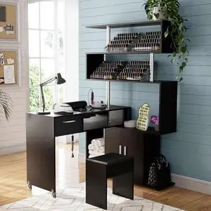 Manicure Table Nail Desk with Stool, Rotating L-Shaped Nail Tech Desk with Dust Collector, Two-Way Drawer, Cabinet & Storage Shelves, Reversible Manicure Workstation on Wheels (Black) Manicure Table Nail Desk with Stool, Rotating L-Shaped Nail Tech Desk with Dust Collector, Two-Way Drawer, Cabinet & Storage Shelves, Reversible Manicure Workstation on Wheels (Black)