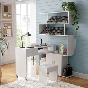 Manicure Table Nail Desk with Dust Collector, L-Shaped Nail Tech Desk with Stool, Two-Way Drawer, Cabinet & Storage Shelves, Rotating Reversible Manicure Workstation on Wheels (White) Manicure Table Nail Desk with Dust Collector, L-Shaped Nail Tech Desk with Stool, Two-Way Drawer, Cabinet & Storage Shelves, Rotating Reversible Manicure Workstation on Wheels (White)