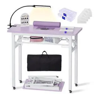 Portable Foldable Manicure Table with Dust Collector, Rolling Nail Tech Desk with LED Lamp, Wrist Rest, Lockable Wheels & Carrying Case for Home Salon, Travel & Mobile Nail Techs (Purple) Portable Foldable Manicure Table with Dust Collector, Rolling Nail Tech Desk with LED Lamp, Wrist Rest, Lockable Wheels & Carrying Case for Home Salon, Travel & Mobile Nail Techs (Purple)
